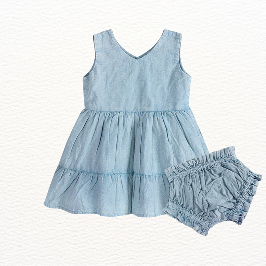 River Soft Denim Washed Baby Dress + Bloomer (Organic)