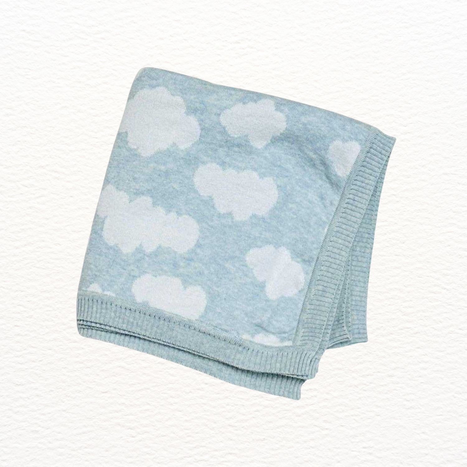 Light blue baby blanket with white cloud patterns on a white background