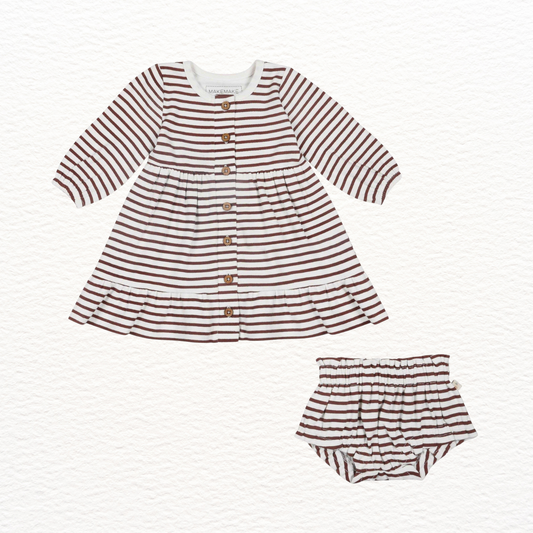 Striped baby dress and bloomers set on a white background