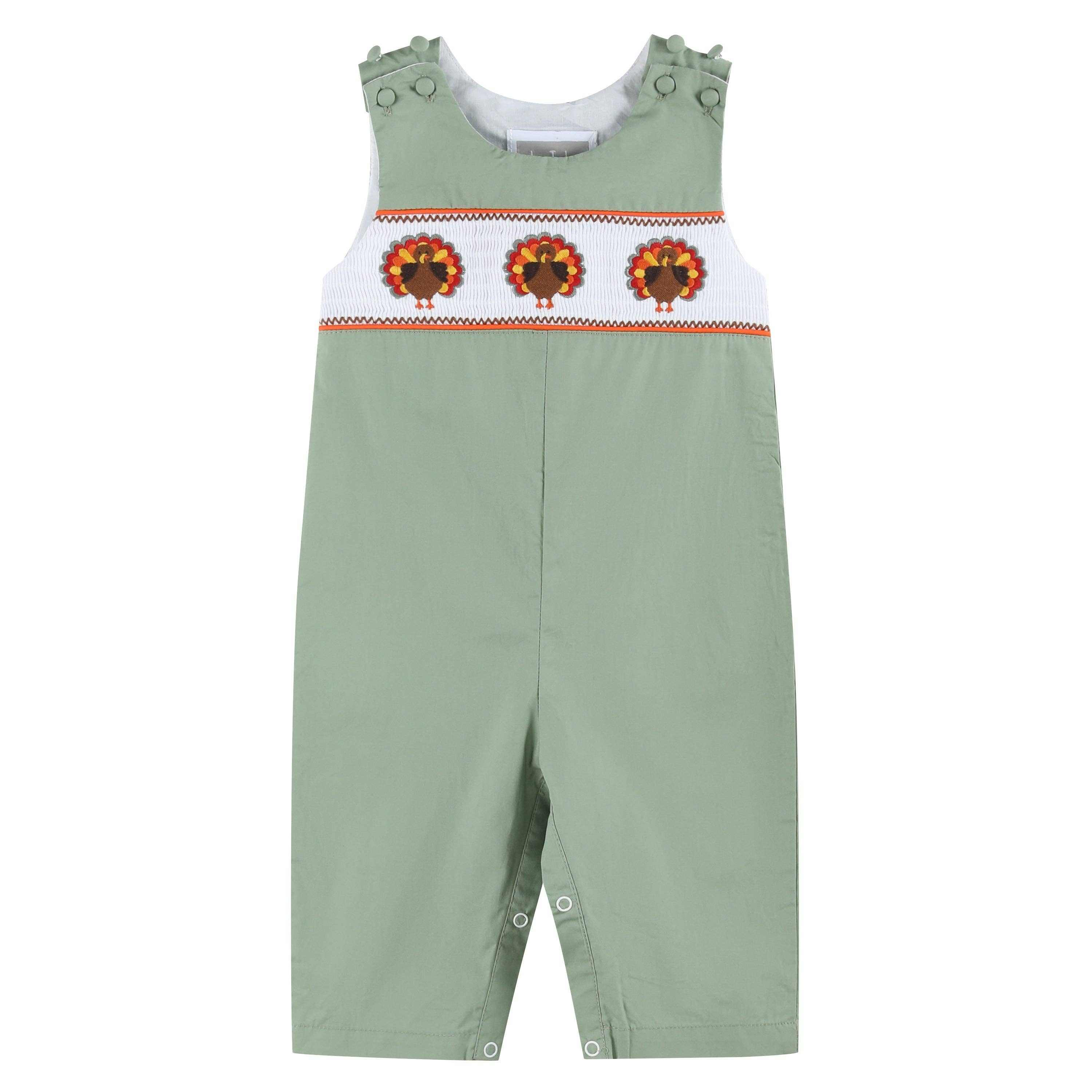 Sage Turkey Smocked Overalls – Fall Baby Outfit | Precious Poppy ...